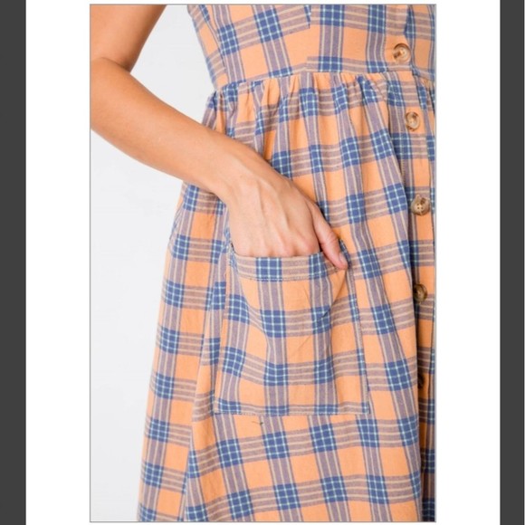Gilli Orange & Blue Plaid Sleeveless V-neck Midi Dress w/Pockets NEW - Picture 4 of 8